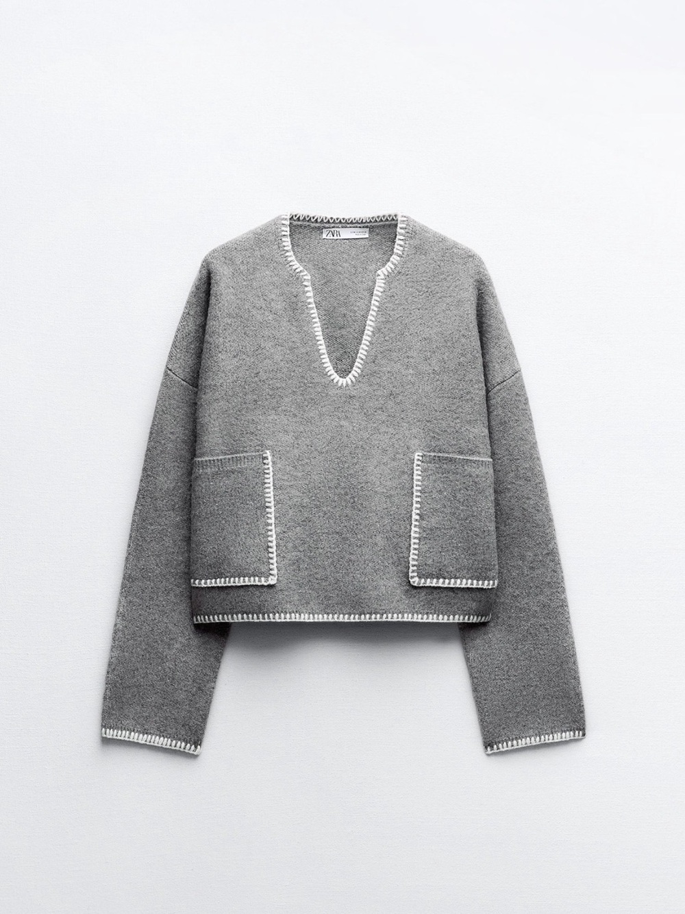 Zara Gray V-Neck Pocket Sweater with Contrast Stitch